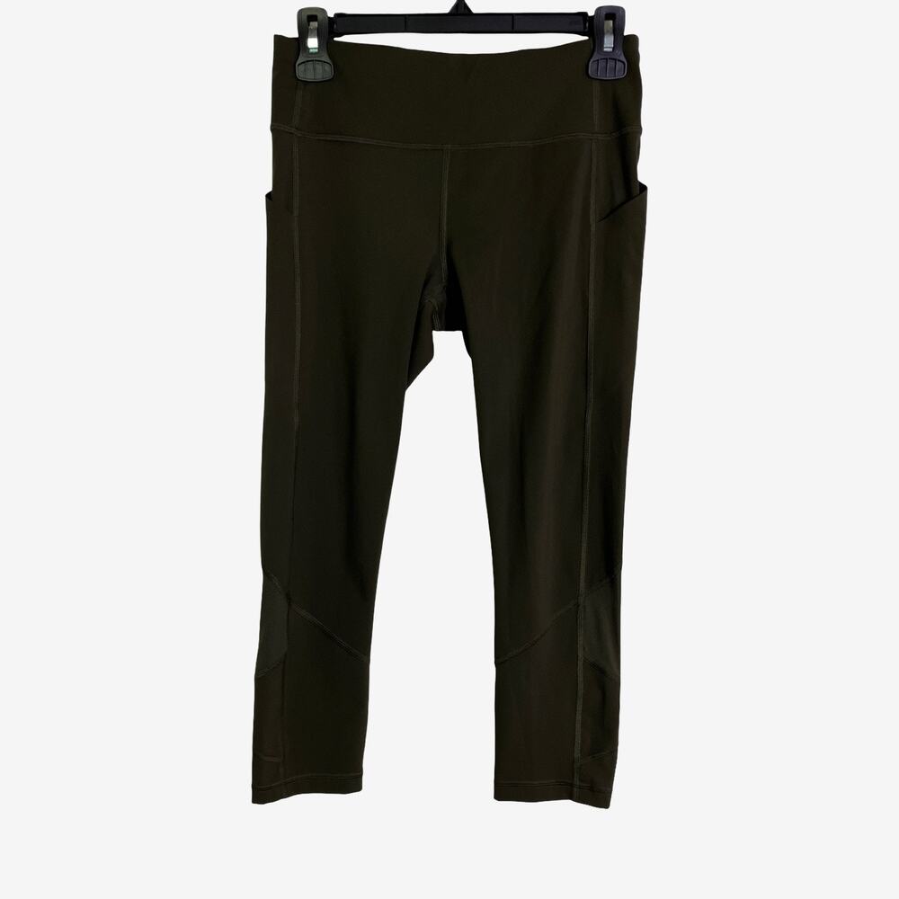 Lululemon Inspire Crop Mesh Leggings 6 Dark Olive Pockets Back Zip